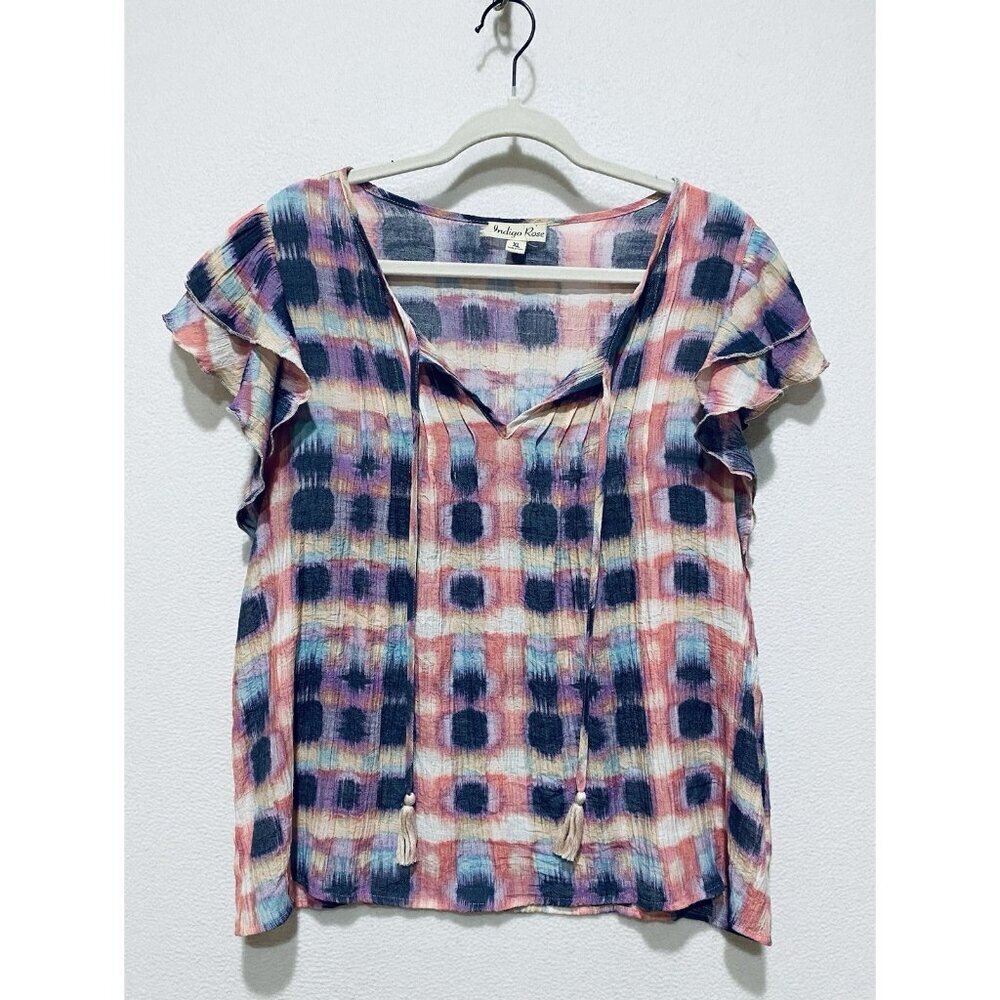 Indigo Soul Top Womens XL Pink Blue Gauzy Flutter Sleeve Tassel Tie Boho Fairy